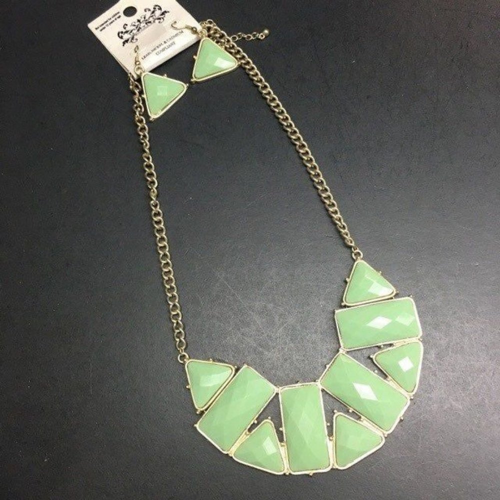 Triangle Necklace Earrings Jadeite Green Gold Dangle Pierced Retro Geometric